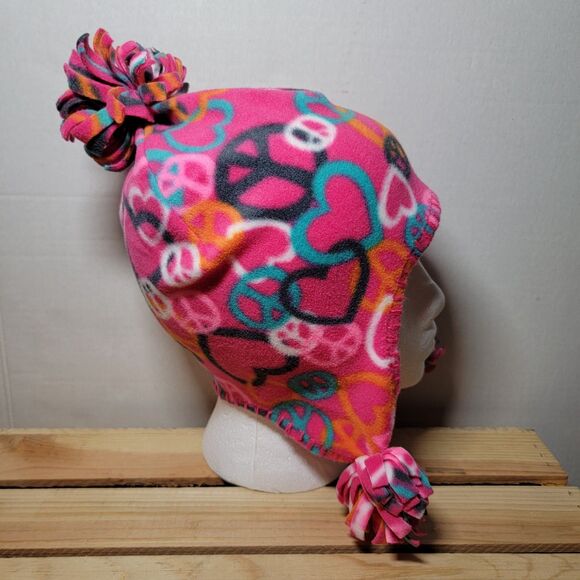 Old Navy Fleece Hat Pink w/ Peace Signs 3 Poms - Size Small - Picture 2 of 5